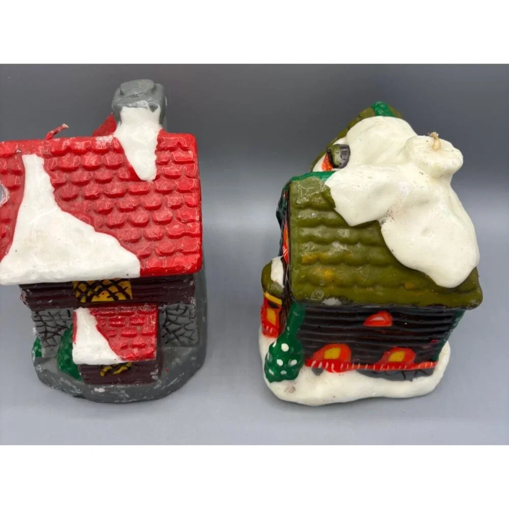 Vtg Candles Wax Snowy‎ Cottage Village Set Of 2 Christmas Décor